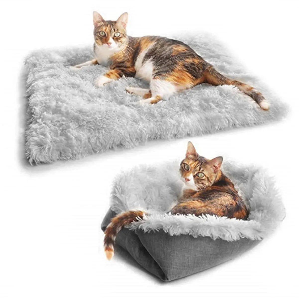 Grey fluffy pet sleeping pad for cats and dogs on a sofa, showing non-slip black bottom.