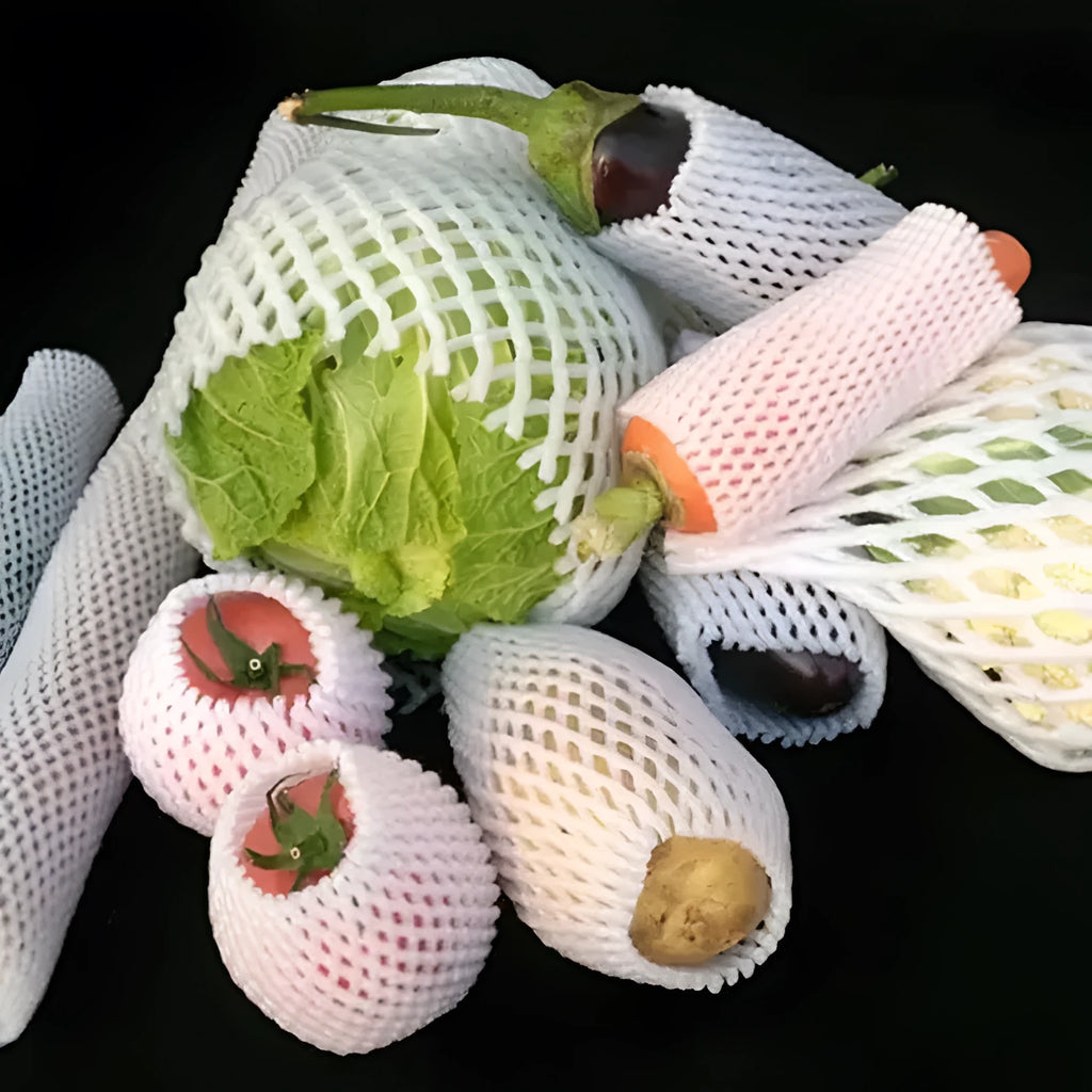 White foam fruit protective net cover shown in multiple size options for transport protection
