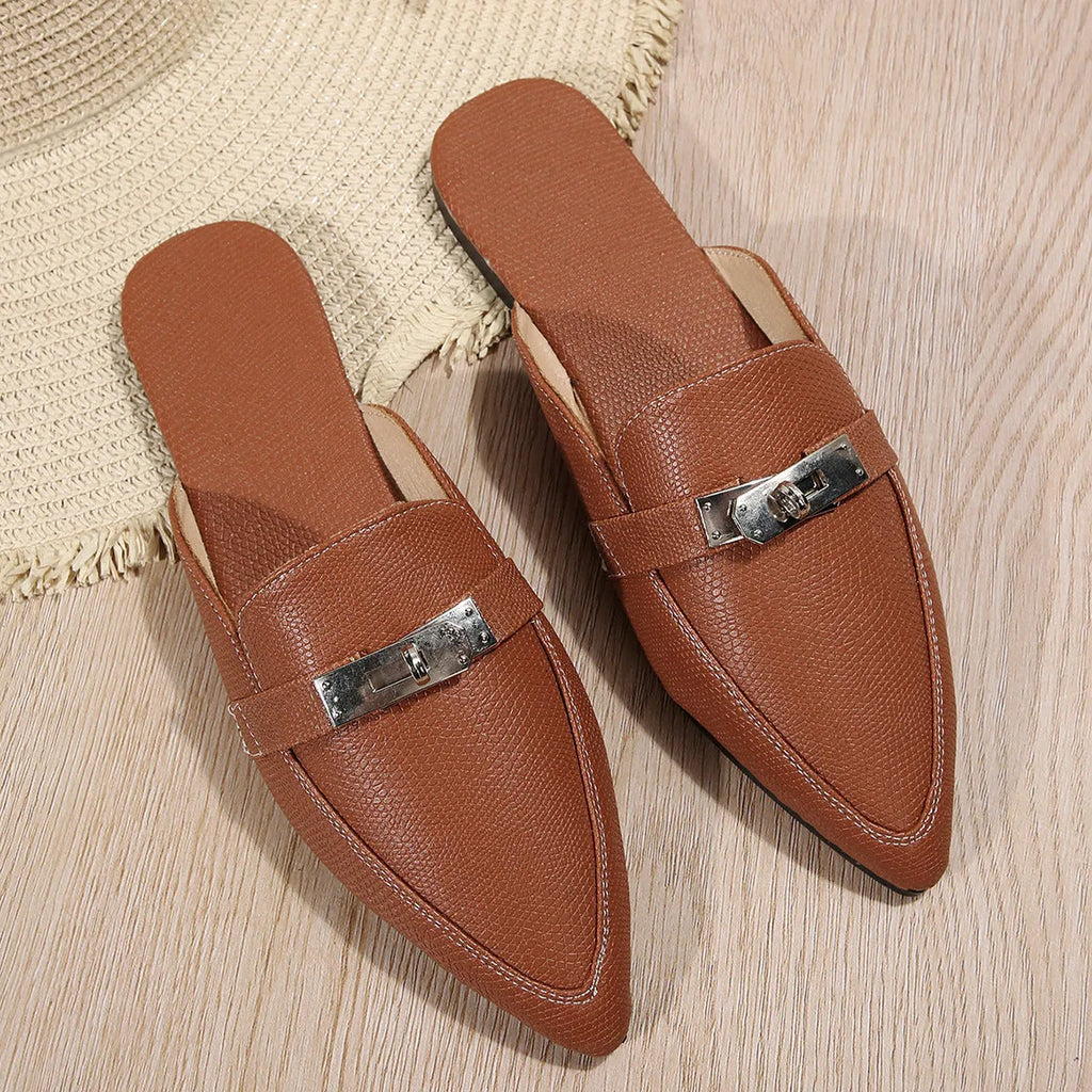 Light brown women's pointed-toe low heel casual slippers with PU upper and rubber sole.