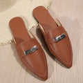 Light brown women's pointed-toe low heel casual slippers with PU upper and rubber sole.