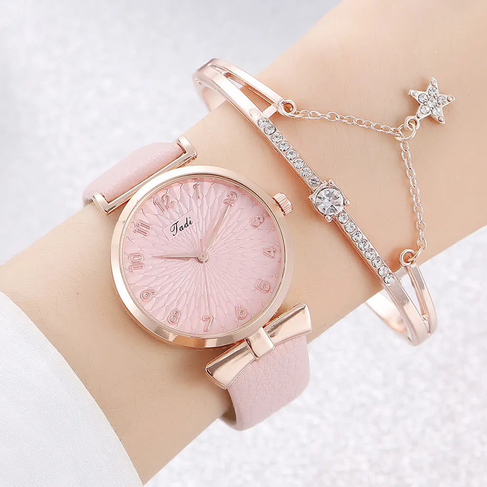 Fashion watch set for women with star love bracelet, white watch with matching bracelet, 8mm thin casing