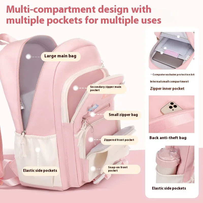 Waterproof school backpack for girls with spine protection in pink, blue, purple, red, black and fruit green colours