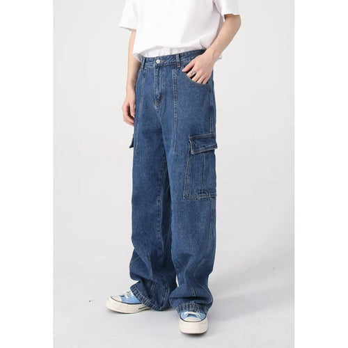American retro loose straight leg cotton denim workwear jeans in blue with zipper fly
