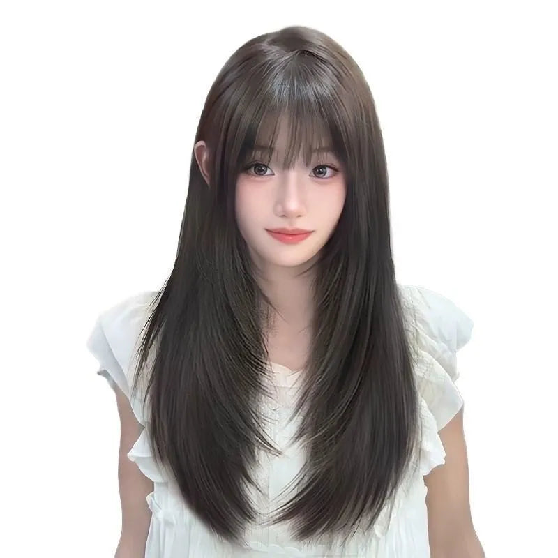 Full-head black straight layered synthetic wig with adjustable straps and natural-looking bangs