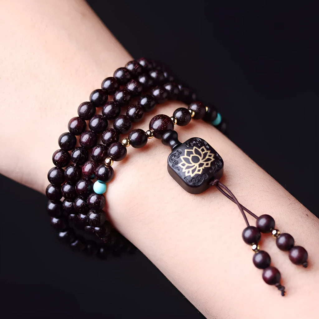 Zambia rosewood bead bracelet with 108 beads in flat lotus pendant design and grinding finish