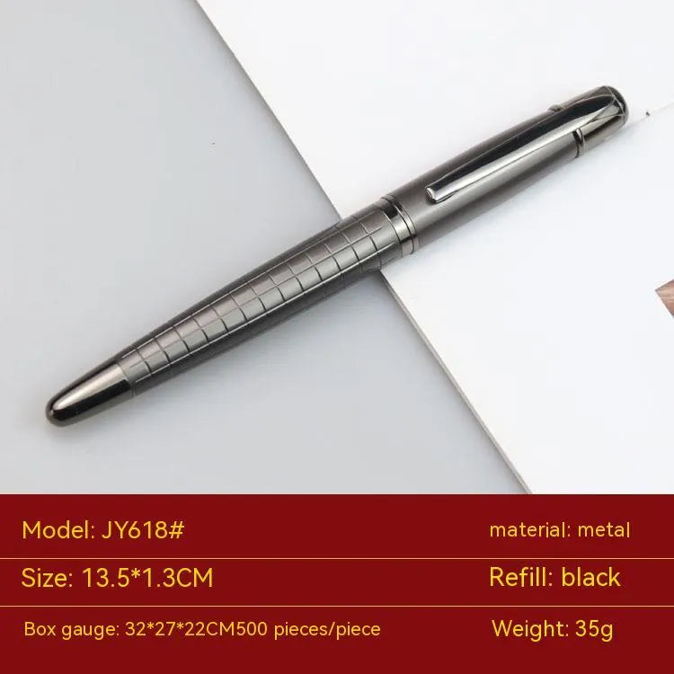 Grey metal retractable roller pen for business signatures on a white background.