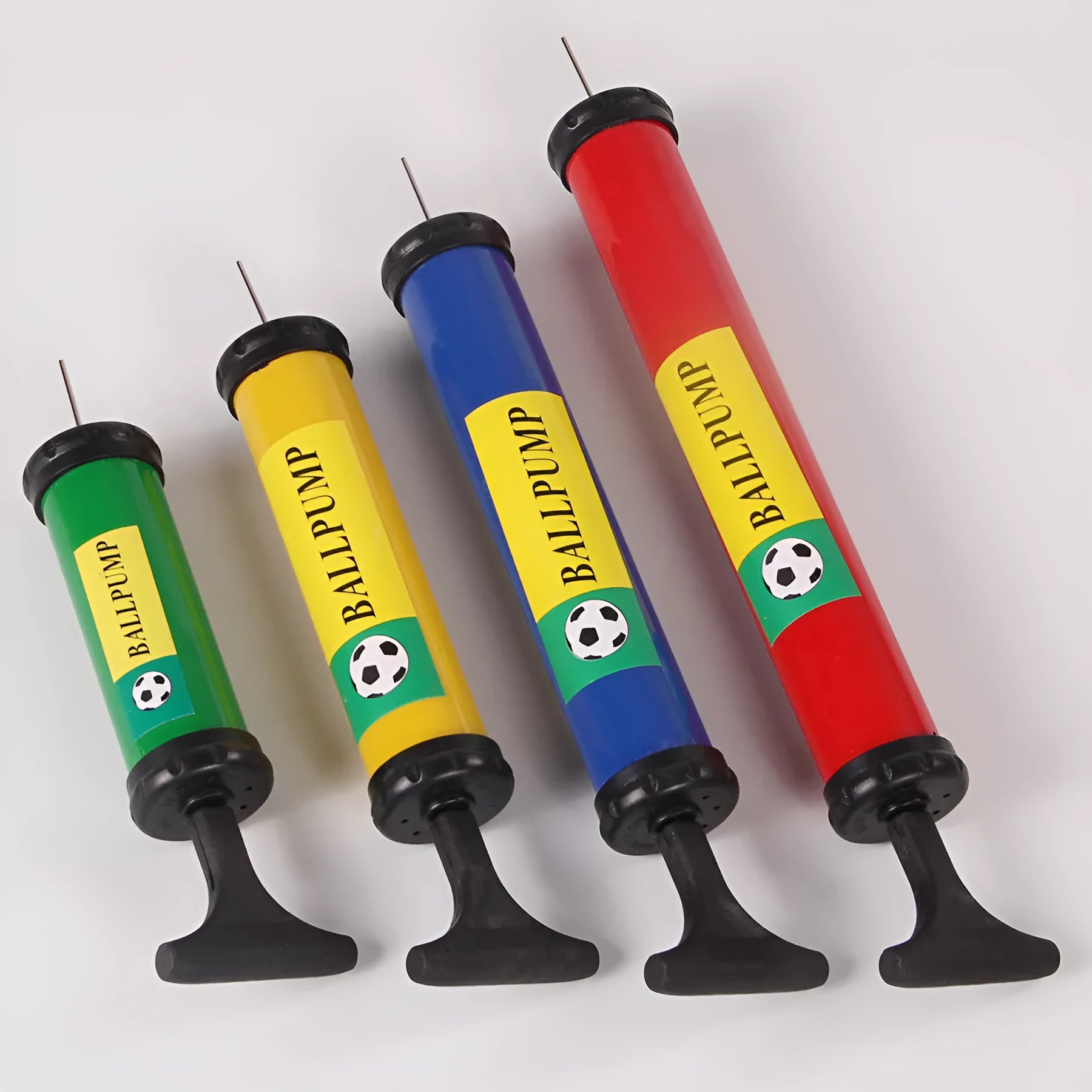 A plastic manual hand pump cylinder for inflating basketballs, volleyballs, and footballs.