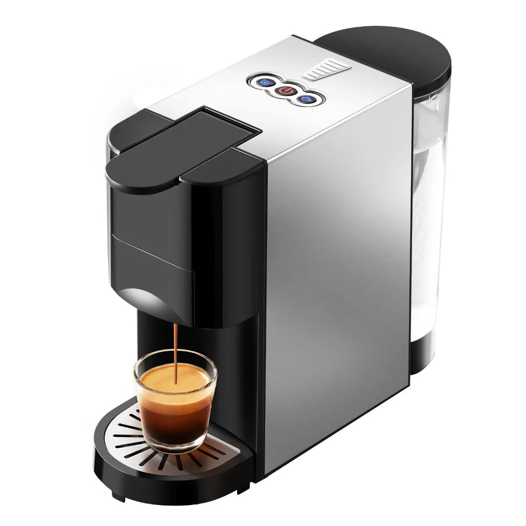 Silver gray automatic capsule coffee machine with stainless steel and PP body, water tank for 3-5 cups