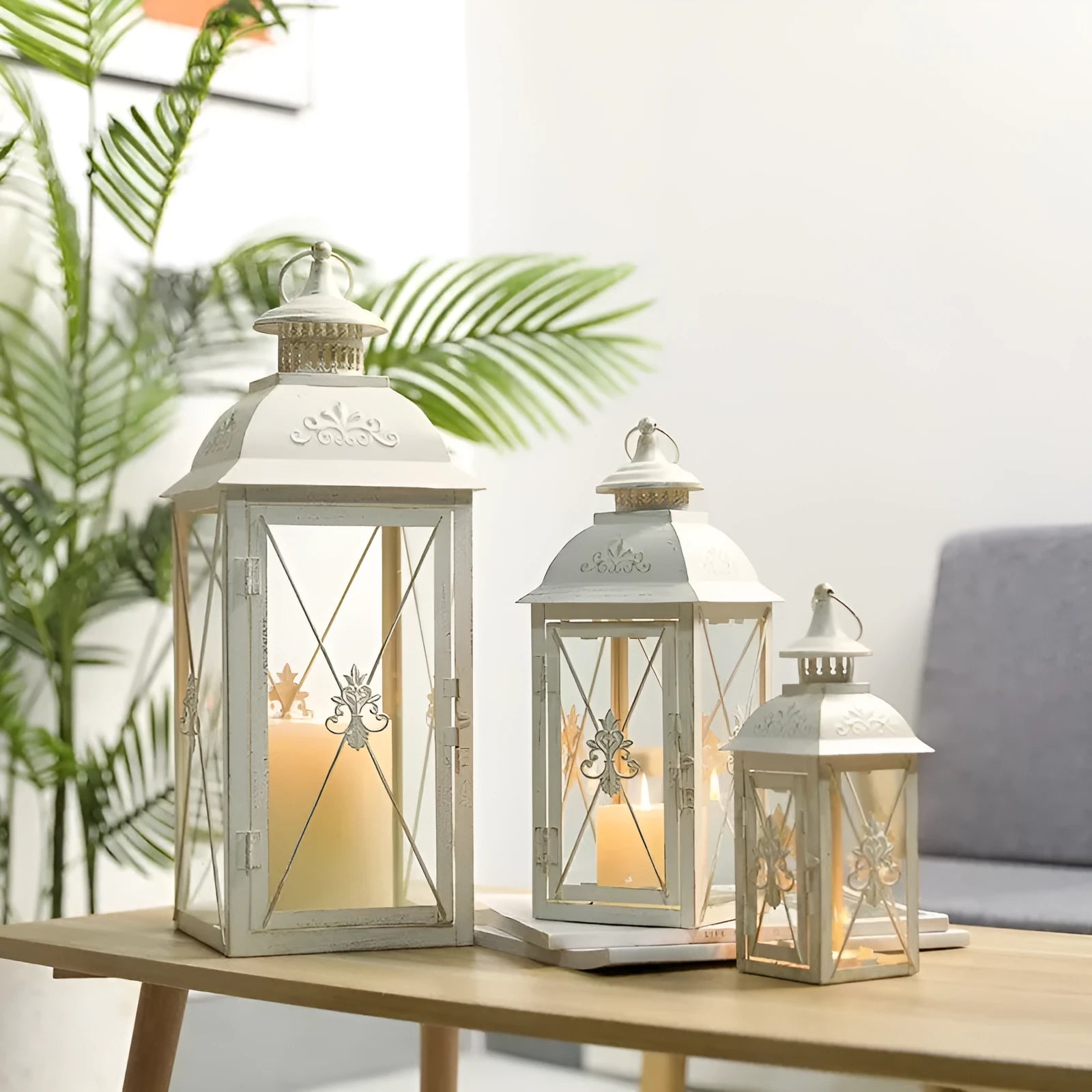 European style wrought iron floor-standing storm lantern with tempered glass panels in black or white finish
