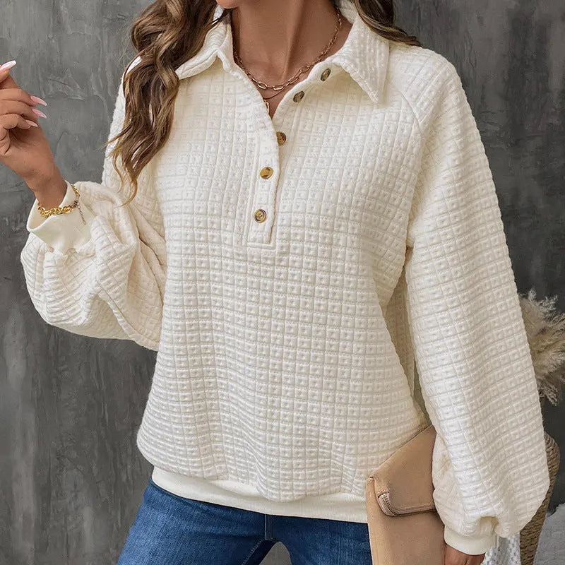 Women's milky white beige polo collar sweater with long sleeves, made from thickened polyester.
