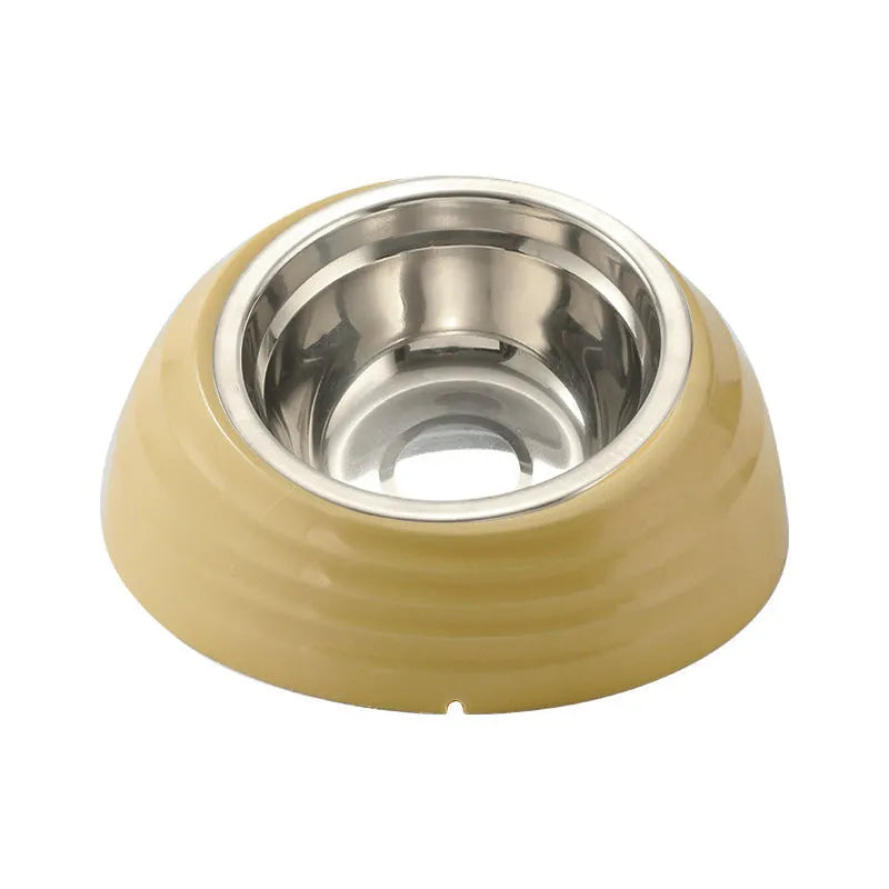 Stainless steel cat bowl in coloured plastic base available in beige, brown and light green