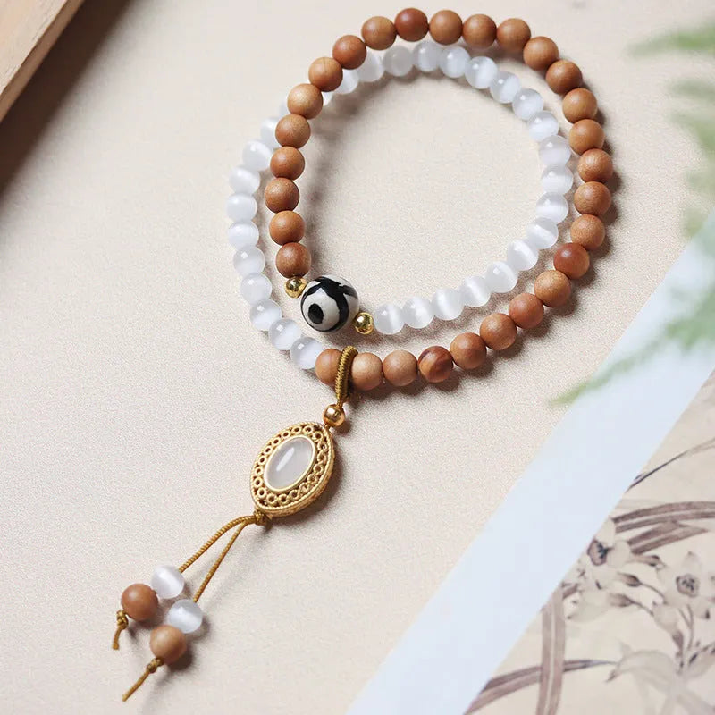 Sandalwood opal double ring bracelet with Tibetan beads and polished mixed-material finish