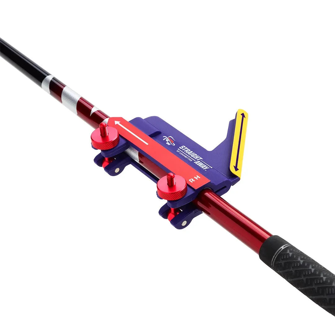 Plastic golf swing plane trainer simulator on a plain background.