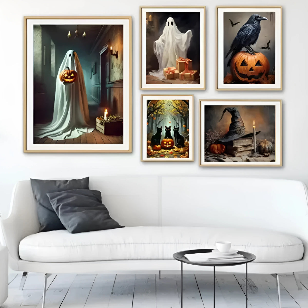 Canvas wall art with ghost tea party and pumpkin Halloween scene, available in 20x30cm 30x40cm 40x50cm