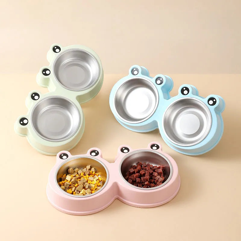 Stainless steel pet double feeding bowl with frog design in blue, green, and pink colours