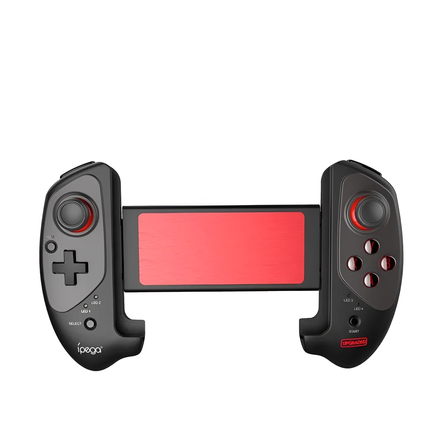 Red telescopic Bluetooth gamepad controller extended with a smartphone held in the centre.