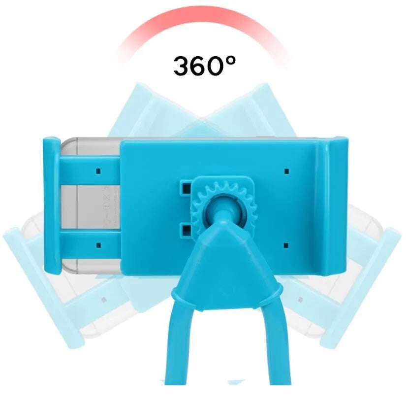White plastic and foam 360-degree rotatable universal phone holder on a table.