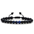 Matte black agate couple bracelets with geometric beads in individually packaged presentation