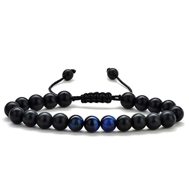 Matte black agate couple bracelets with geometric beads in individually packaged presentation