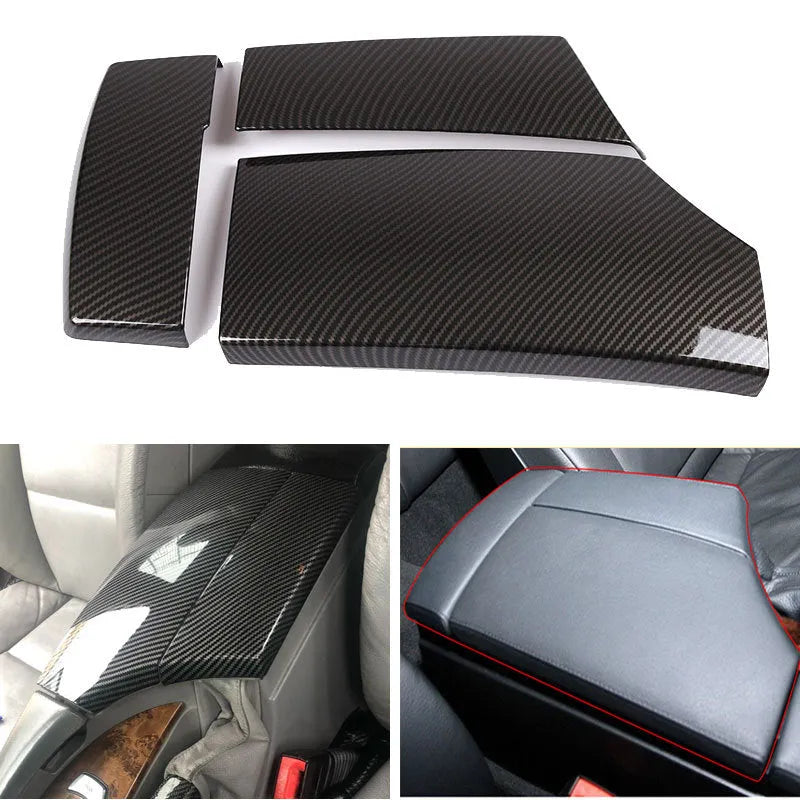 Set of three black ABS car armrest box protective covers with a diagonal carbon fibre weave pattern and shiny finish.
