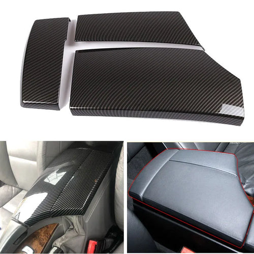 Three ABS carbon fibre pattern armrest box protective covers showing diagonal weave pattern and buckle installation system