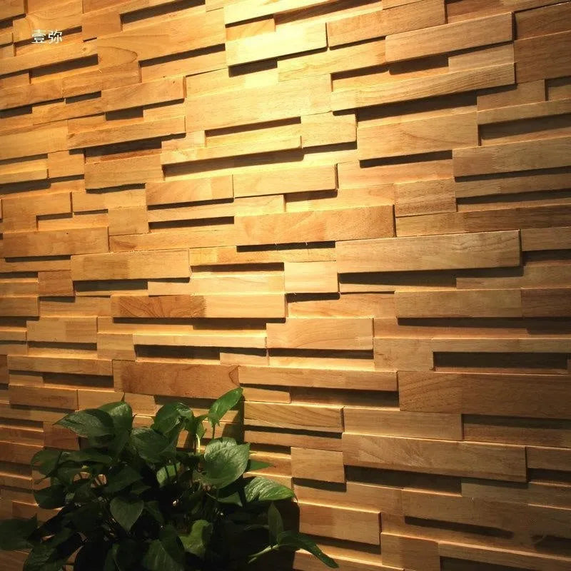 Retro 3D solid wood mosaic patch wall panel in natural wood finish showing stereo background texture