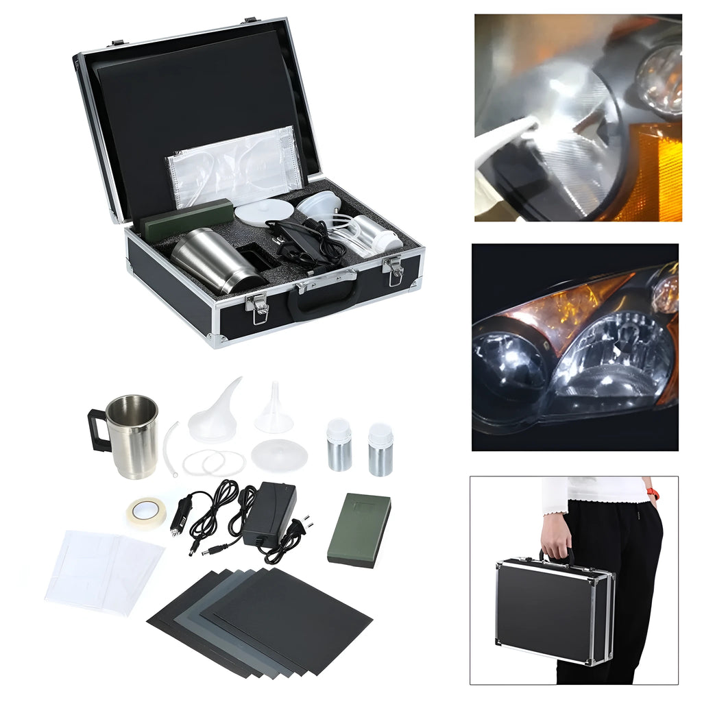 Car headlight repair tool kit in aluminium box with atomisation cup, sandpaper grades and AU or US plug option.