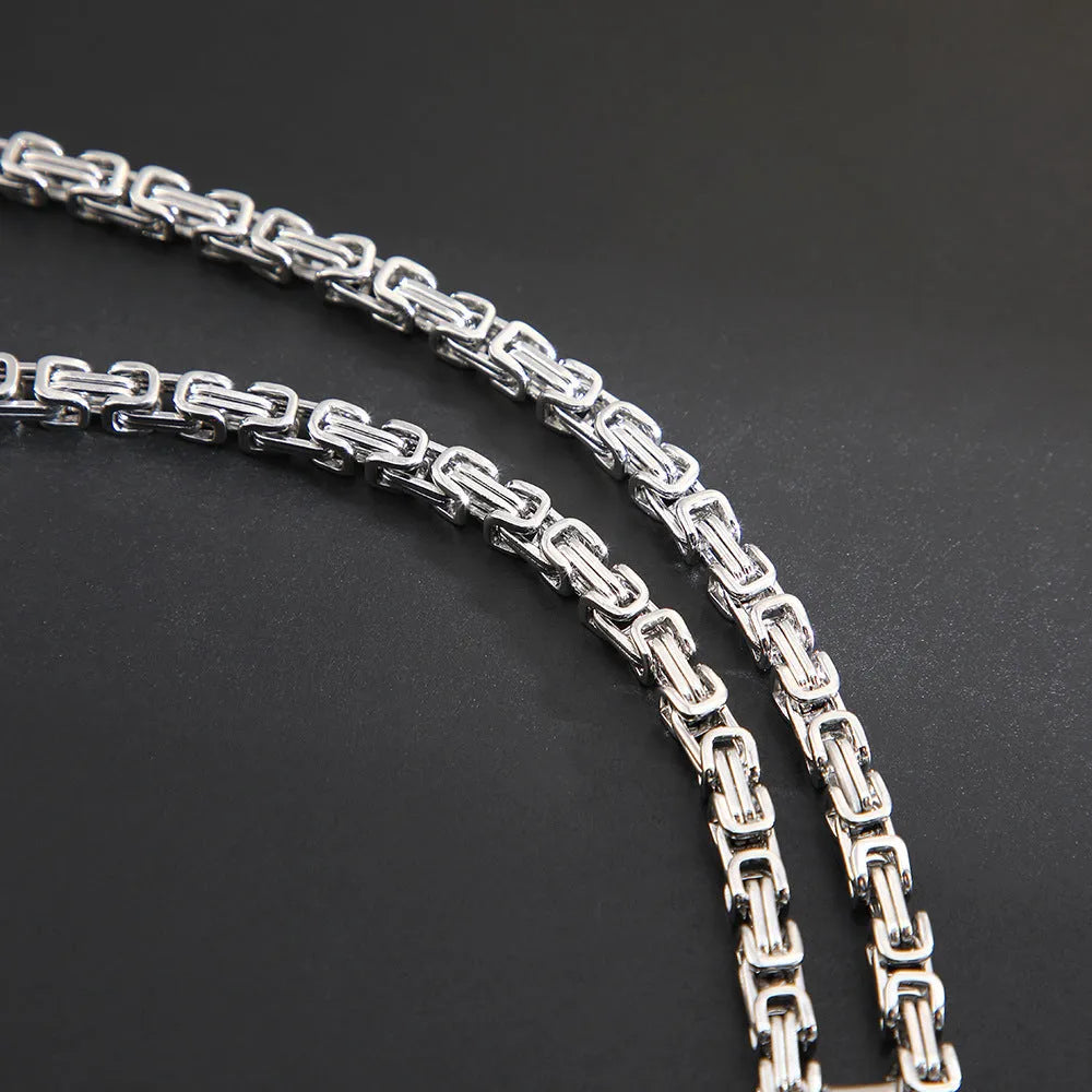 Titanium steel men's water ripple pendant necklace with quadrilateral geometry on emperor chain
