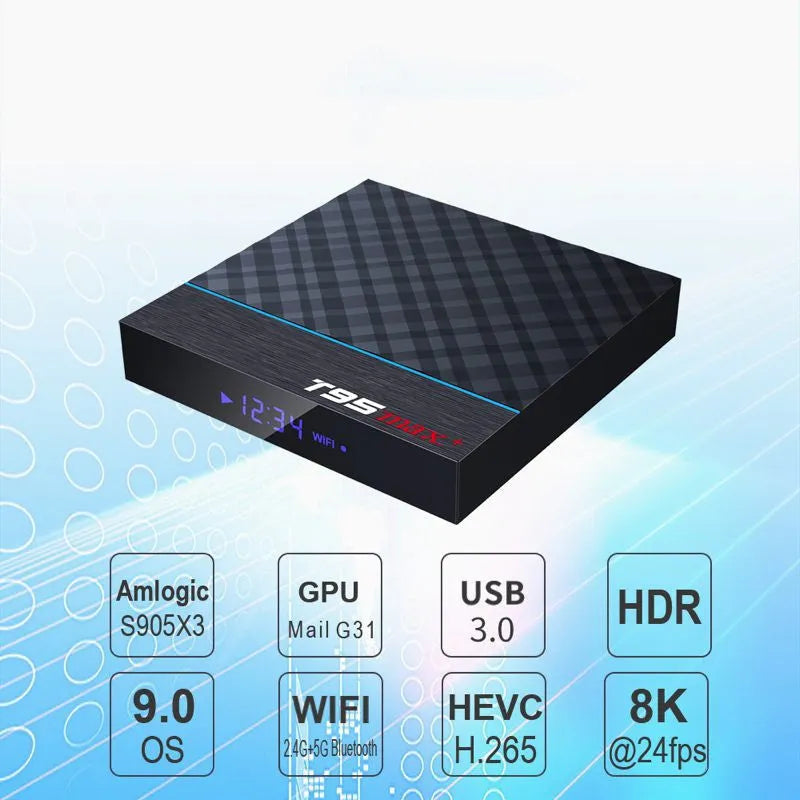 Black T95 Max Plus Android Smart TV Box with remote control on a wooden surface.