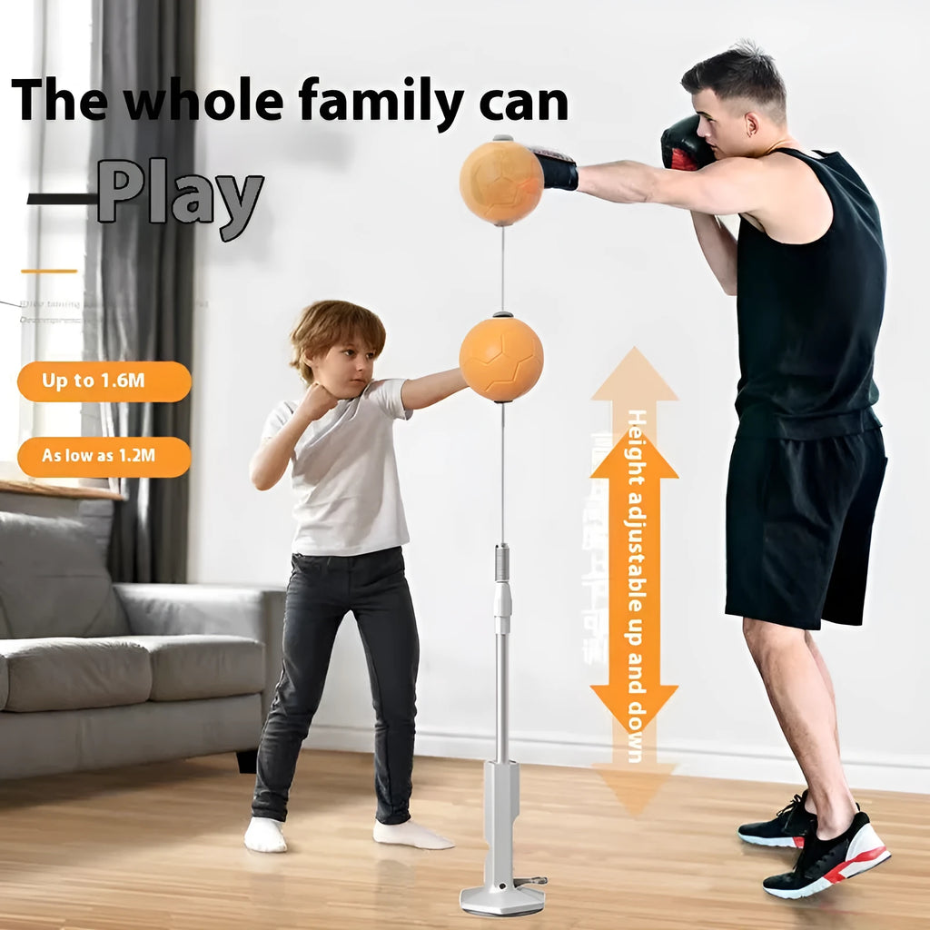 Vertical boxing reaction speed ball with orange focus mitts on a gray base, showing roly-poly design.