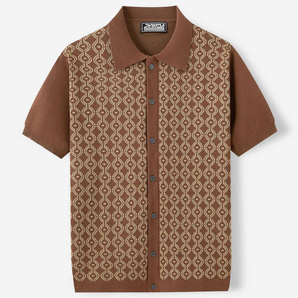 Men's summer Tencel short-sleeved lapel jacquard cardigan in black with geometric pattern