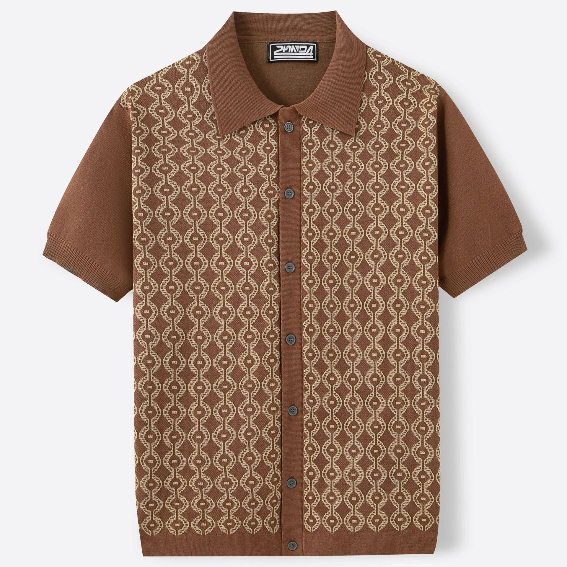 Men's summer Tencel short-sleeved lapel jacquard cardigan in black with geometric pattern
