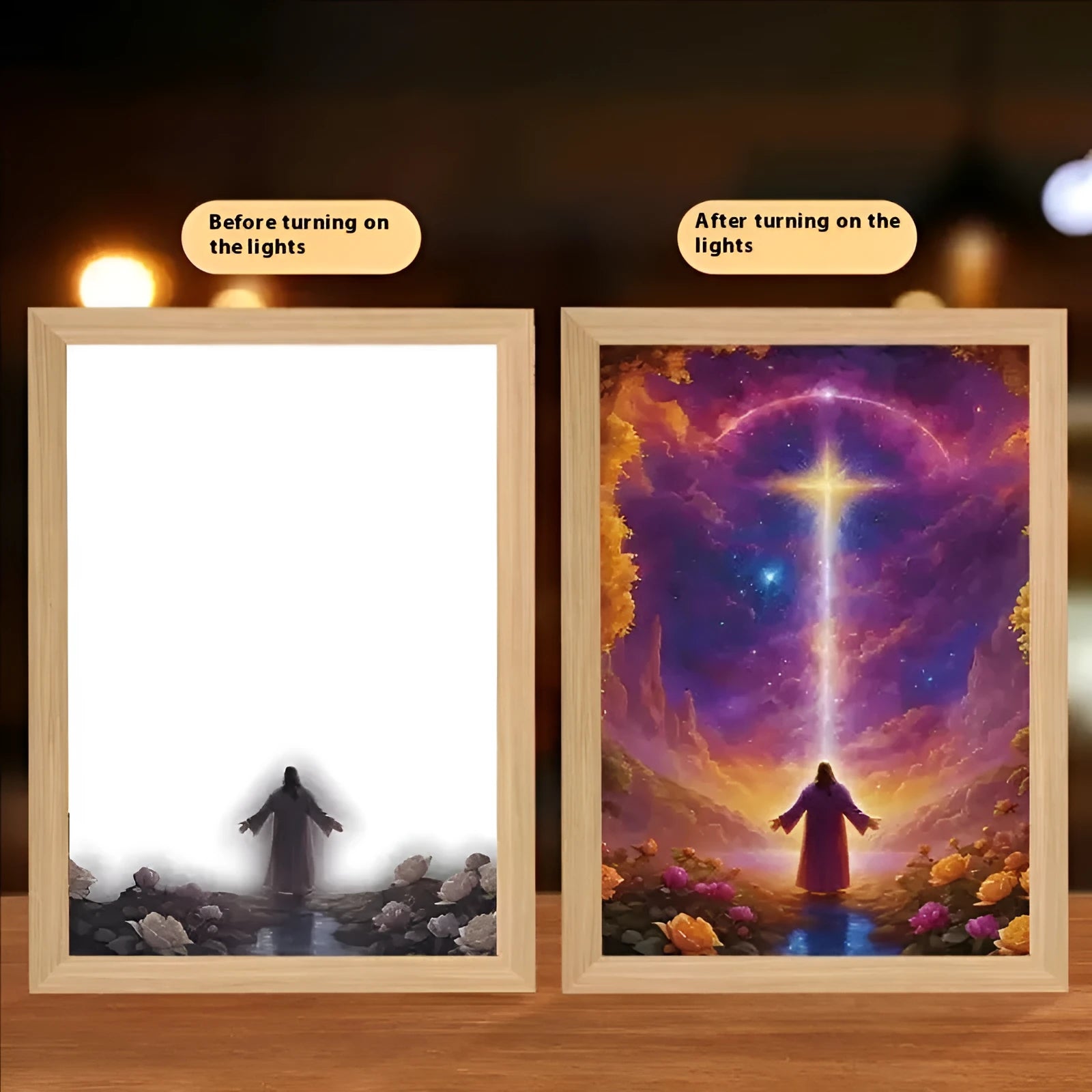 Rectangular LED digital picture frame displaying spiritual artwork with handmade construction