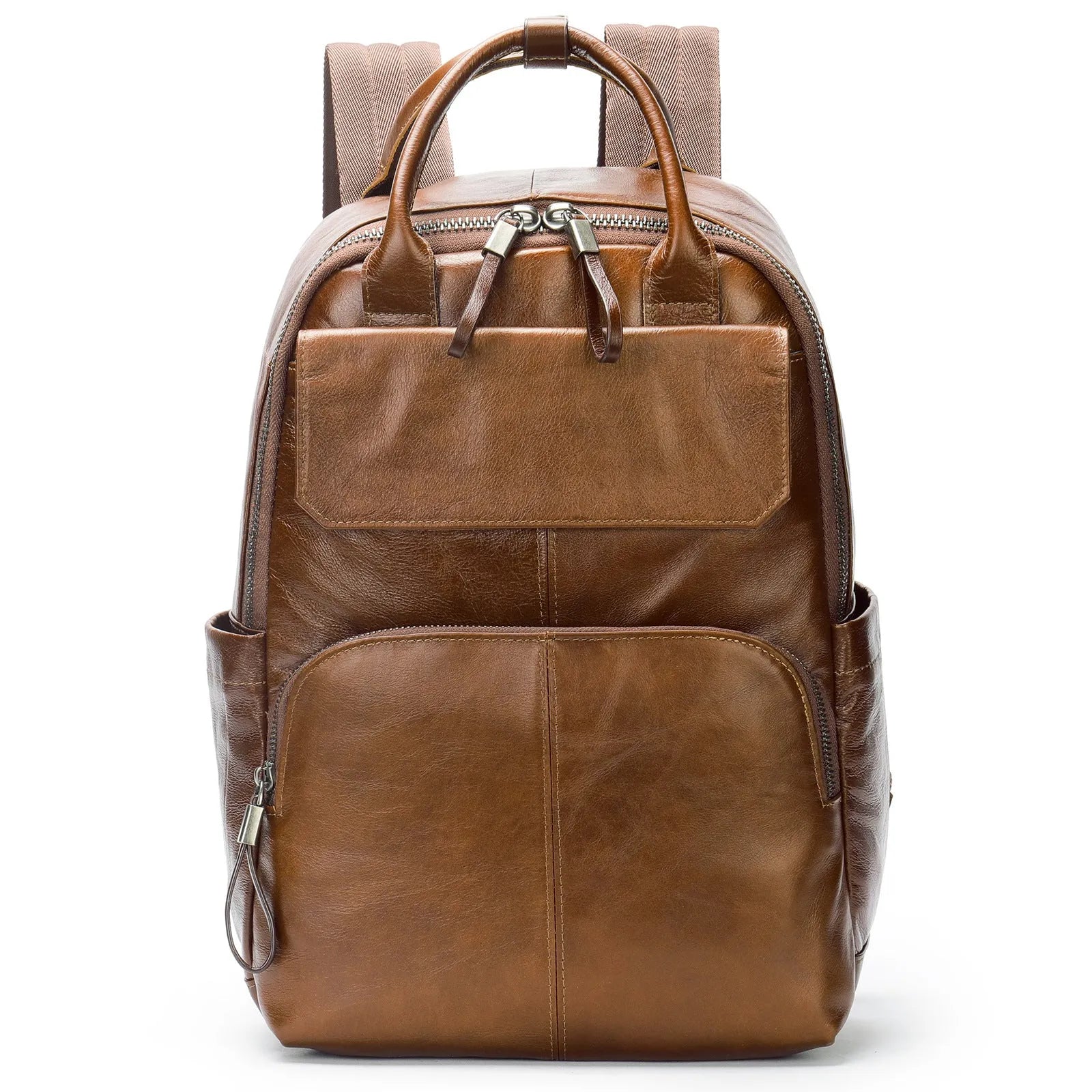 Genuine leather retro backpack in brown with visible sewing thread, waterproof and wear-resistant for daily use