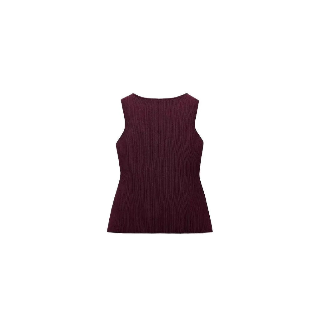 Dark red slim fit sweater vest with gold buttons on cardigan-style front