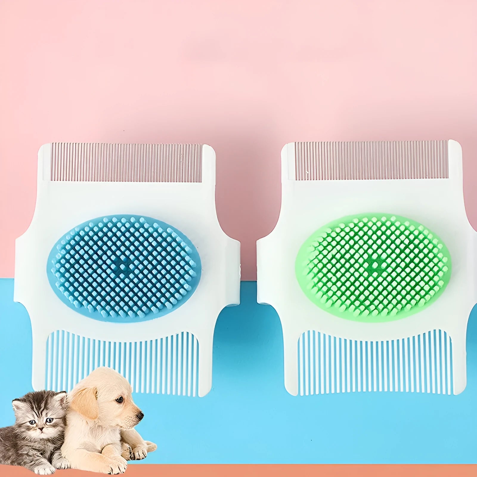 Blue multifunctional pet grooming comb with four tool heads for hair removal and massage