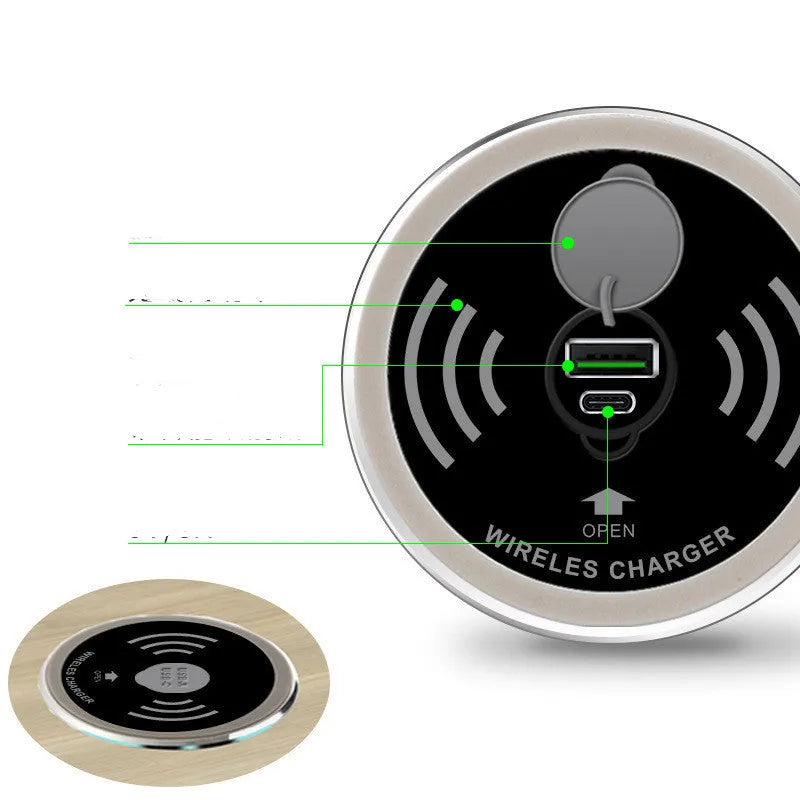Black desktop embedded Qi wireless charger with 60mm inner diameter for desk hole installation