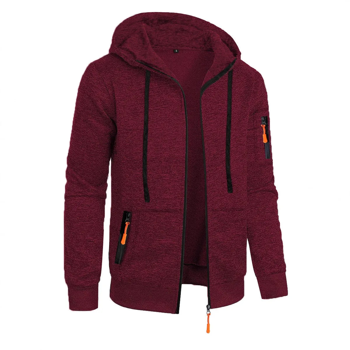 Men's hooded cardigan sweater in solid colour polyester jacquard knit, loose fit, long sleeve, sizes S to 3XL, five colours.