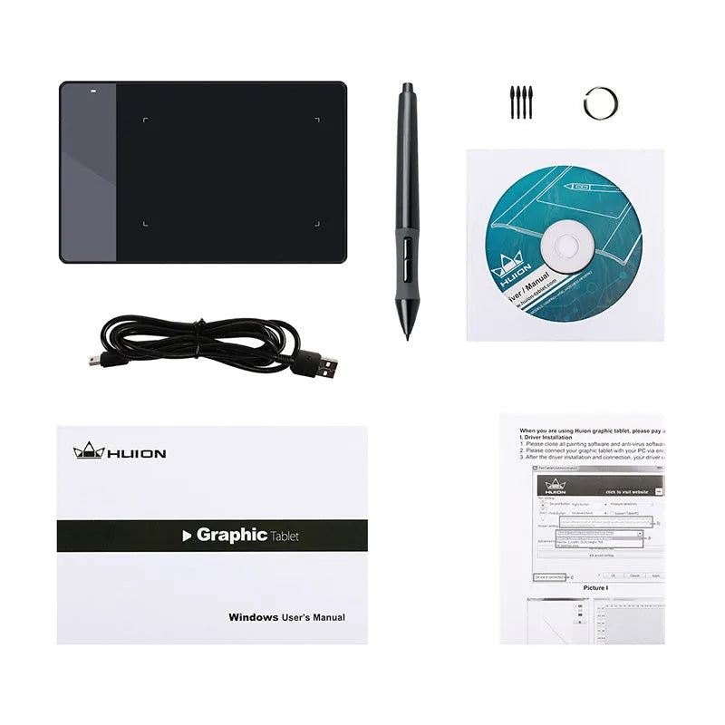 HUION 420 black electronic drawing board with USB cable on desk