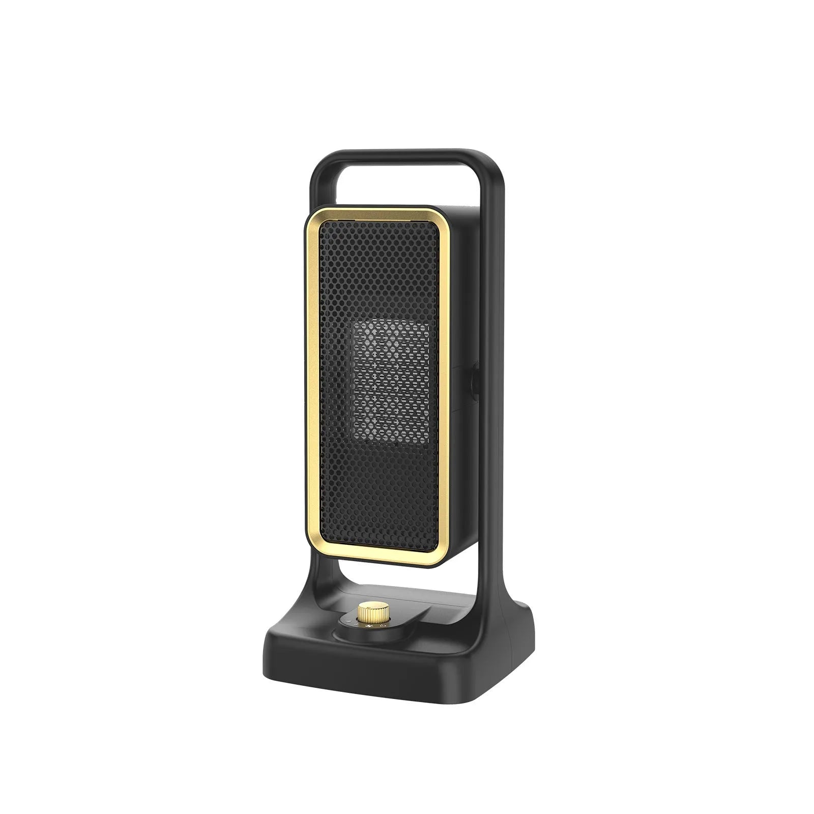 Black PTC ceramic desktop air heater with control knob on a wooden table.