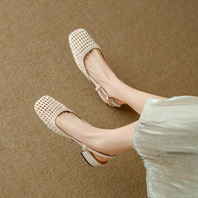 Women's woven hollow-out sandals with square toe, buckle strap, and 4cm chunky heel in black or beige