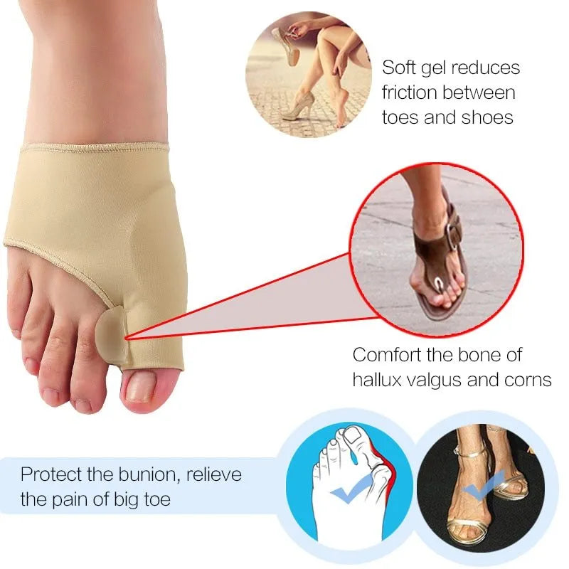 Corrective toe socks with a silicone gel bunion pad and toe separator on a grey background.