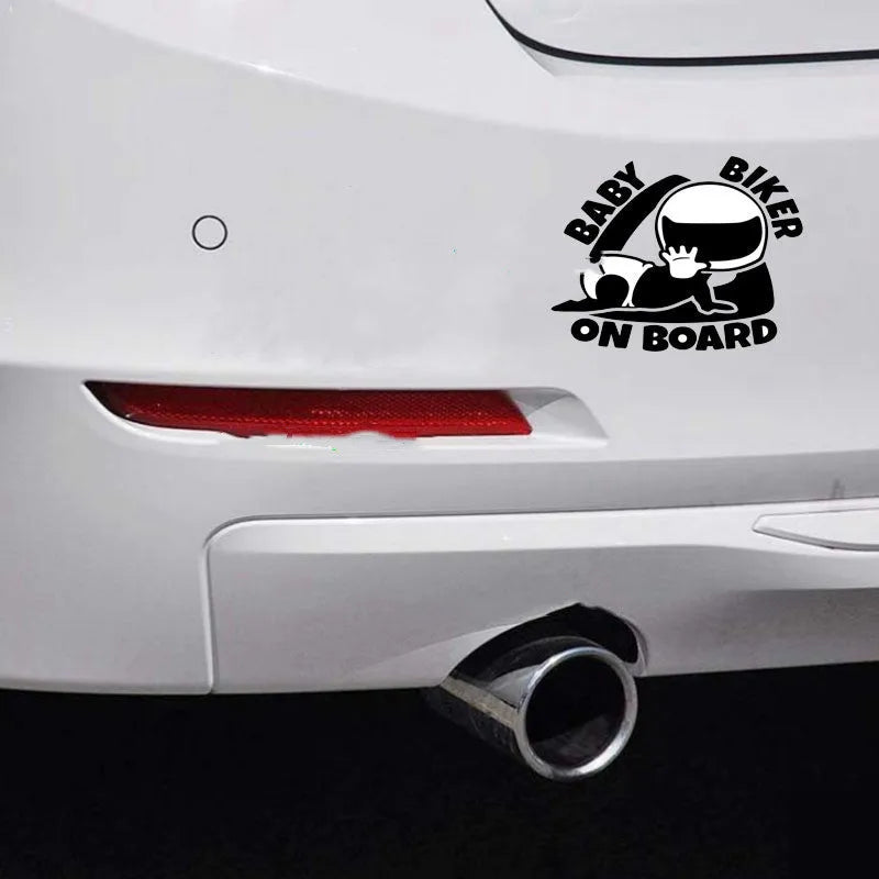 Reflective black and white Baby On Board warning sticker for car windows, measuring 14.5cm by 15cm.