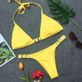 Women's solid colour nylon thong bikini set in black, adjustable for fitness swimming and wading