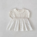 Girls' creamy-white sleeveless crocheted lace swing top in cotton fine yarn, princess style knitted stitching