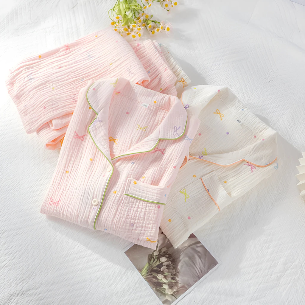 Women's long sleeve cotton pajamas set in pink and beige colour options