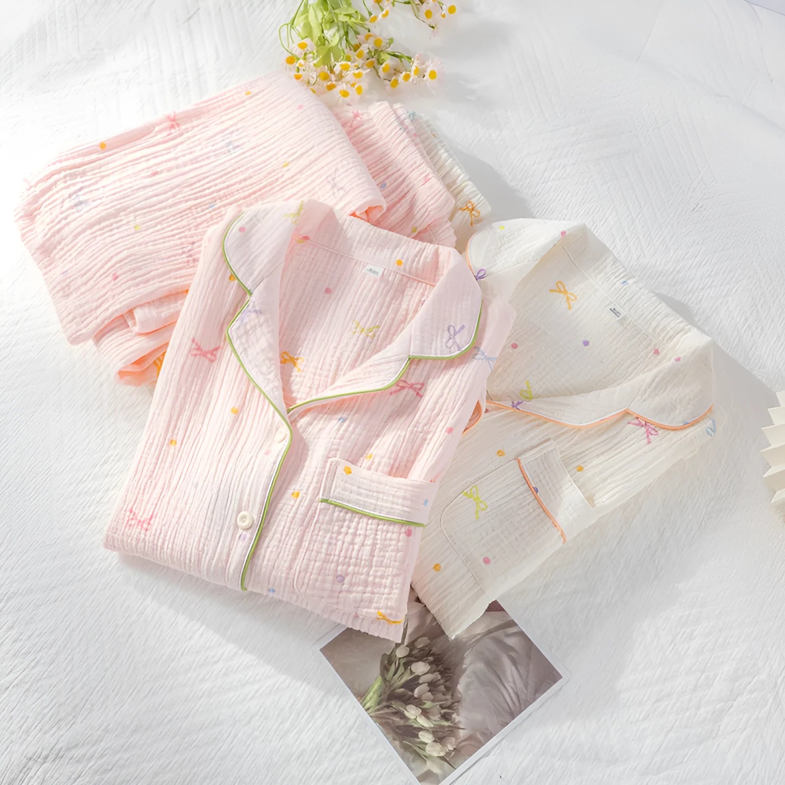 Women's long sleeve cotton pajamas set in pink and beige colour options