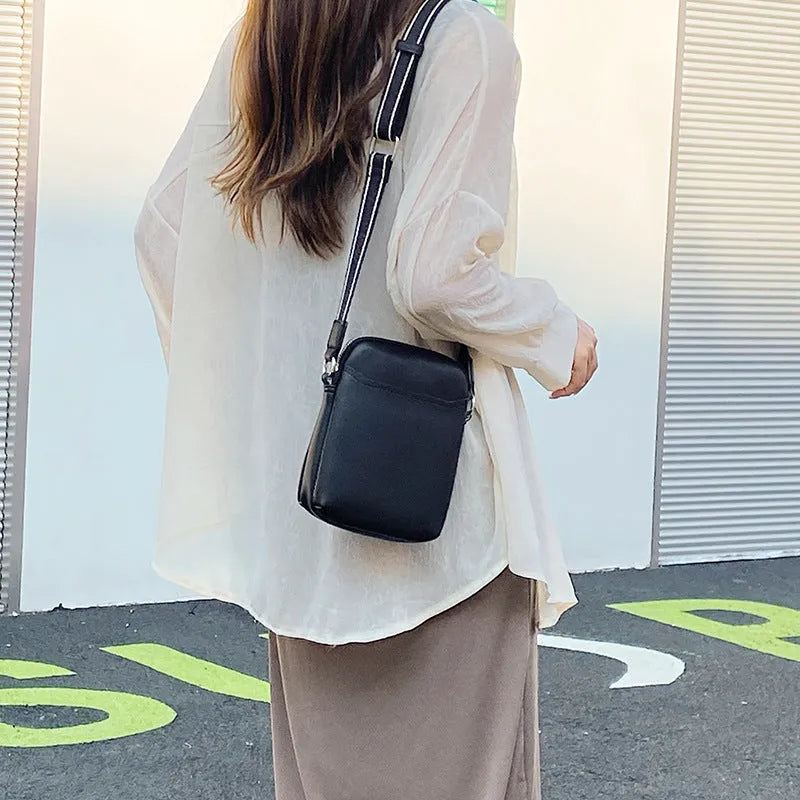 Solid colour PU mobile phone crossbody bag shown in black, beige, khaki, and green.