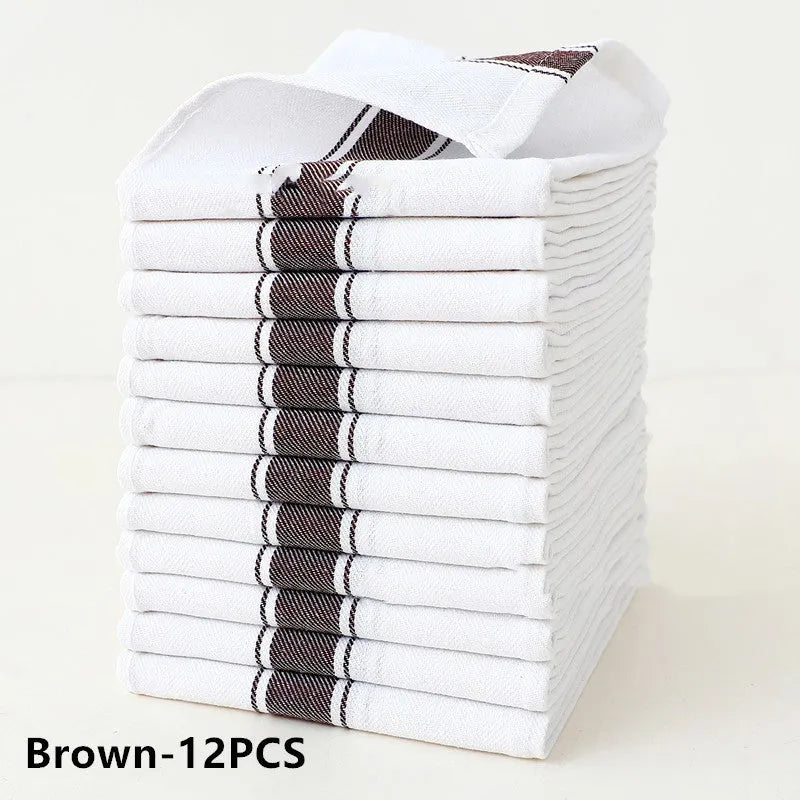 Pack of twelve striped cotton dish towels measuring 48 by 70 centimetres for kitchen use
