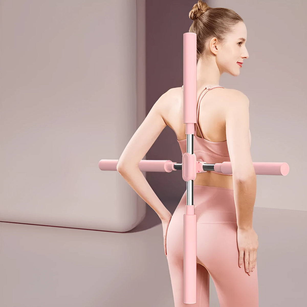 Telescopic yoga body stick with steel core and foam grip, adjustable from 62 to 92cm, shown in three colour options
